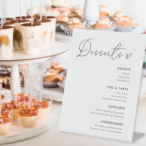 Modern Heart Calligraphy Wedding Desserts Menu Pedestal Sign