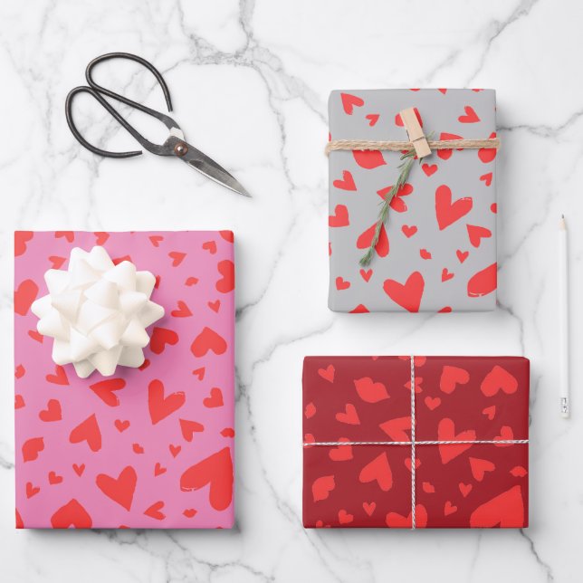 Modern Heart Confetti Valentines Trio Wrapping Paper Sheets (Front)