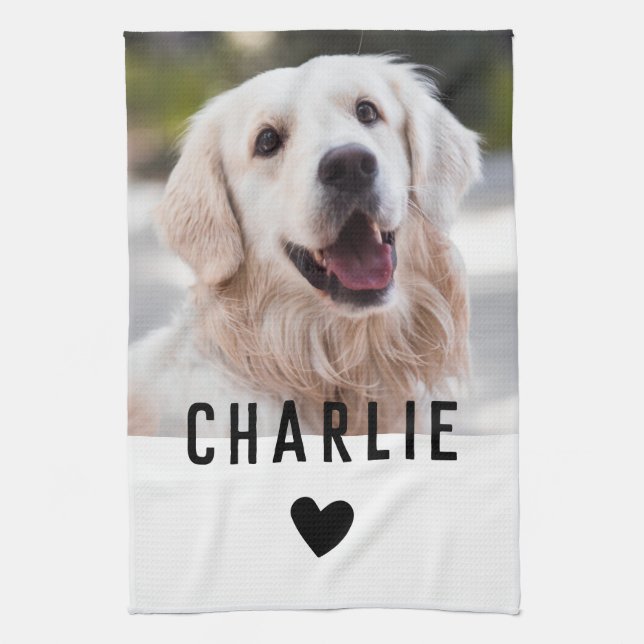 Modern Heart Dog Photo Name Kitchen Towel (Vertical)