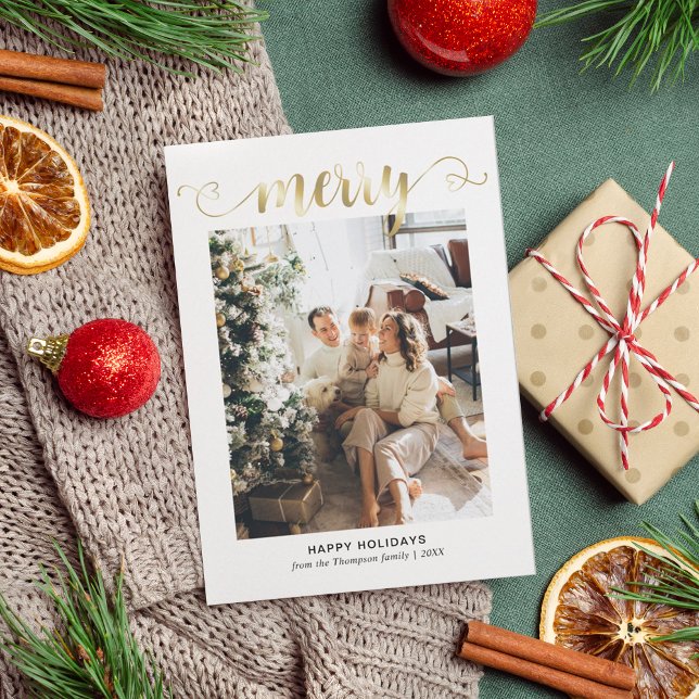 Modern Heart Gold Merry Script Photo Christmas Holiday Card (Creator Uploaded)