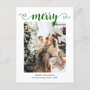 Modern Heart Gold Merry Script Photo Christmas Holiday Postcard