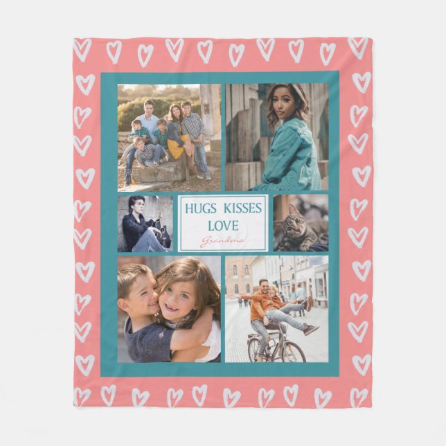 Modern Heart Love Pink Photo Collage Grandma Fleece Blanket (Front)