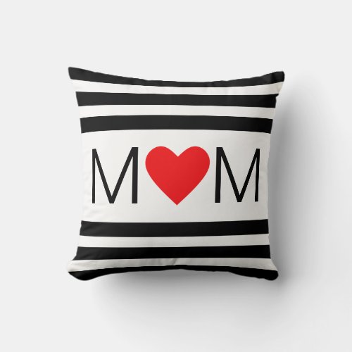 Modern Heart Mom on Black  White Striped Throw Pillow