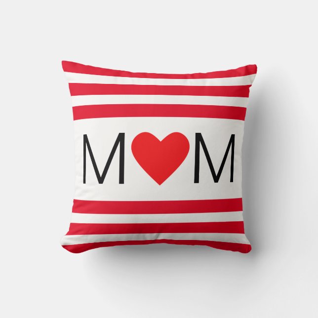 Modern Heart Mom on Red & White Striped Throw Pillow (Front)