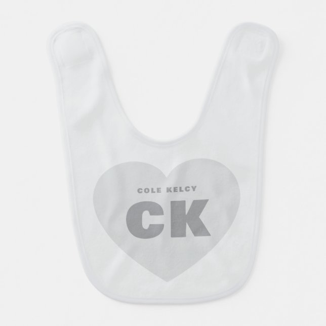 Modern Heart Newborn Gray Custom Monogram baby Bib (Front)