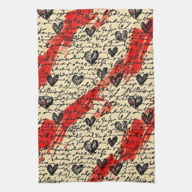 Modern Heart Pattern with Script Background (10) Kitchen Towel (Vertical)