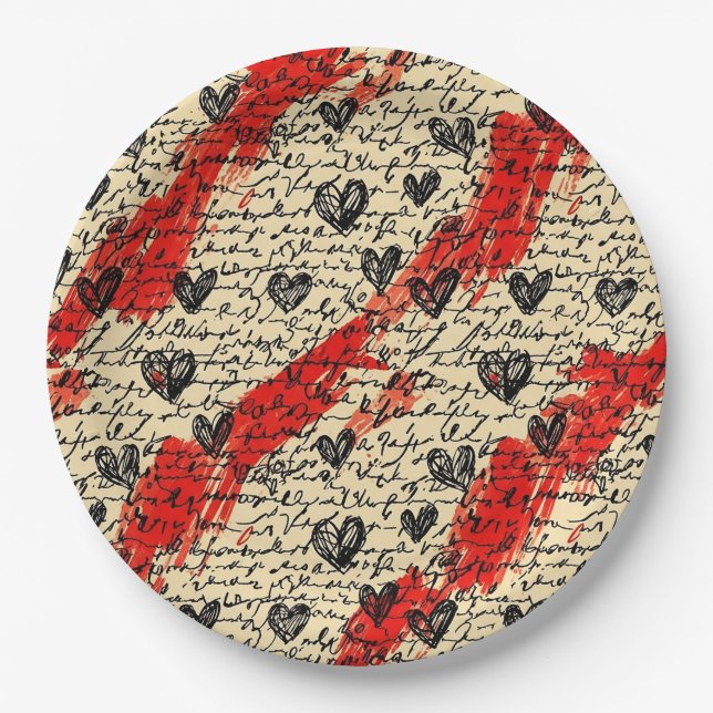 Modern Heart Pattern with Script Background (10) Paper Plates (Front)