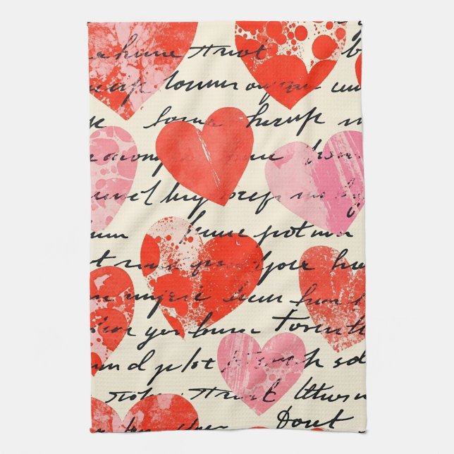 Modern Heart Pattern with Script Background (13) Kitchen Towel (Vertical)