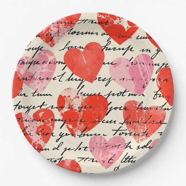 Modern Heart Pattern with Script Background (13) Paper Plates (Front)