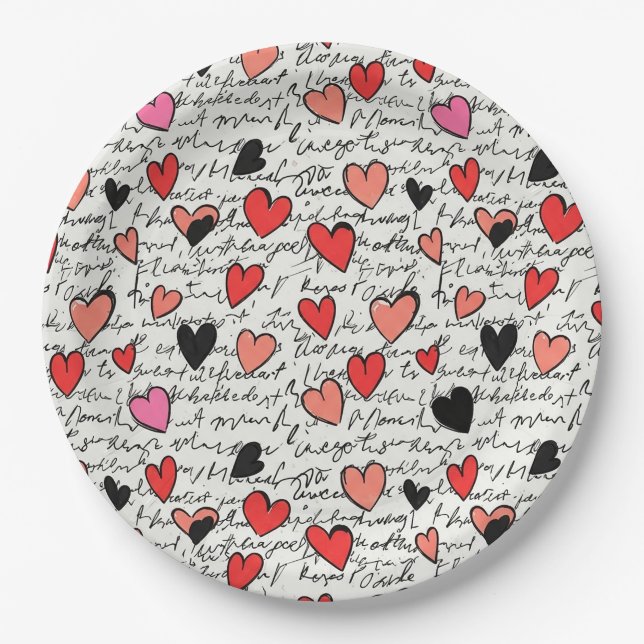 Modern Heart Pattern with Script Background (15) Paper Plates (Front)