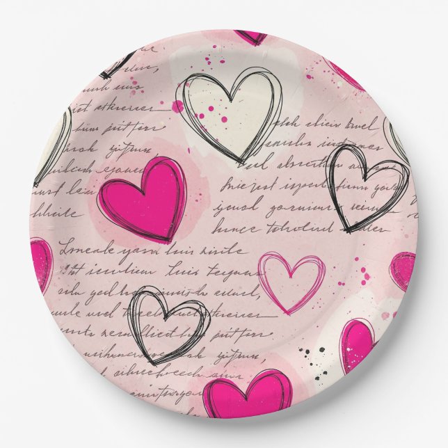 Modern Heart Pattern with Script Background (18) Paper Plates (Front)