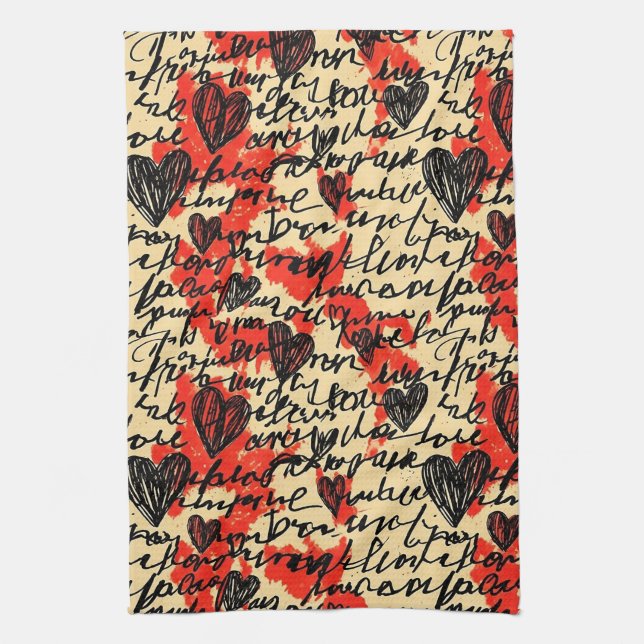 Modern Heart Pattern with Script Background (2) Kitchen Towel (Vertical)