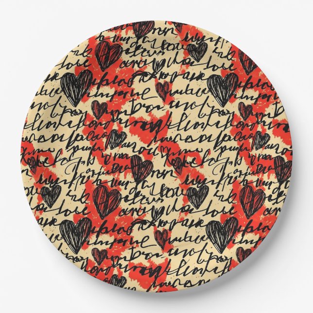 Modern Heart Pattern with Script Background (2) Paper Plates (Front)