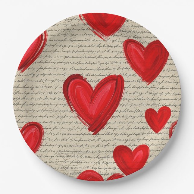 Modern Heart Pattern with Script Background (5) Paper Plates (Front)