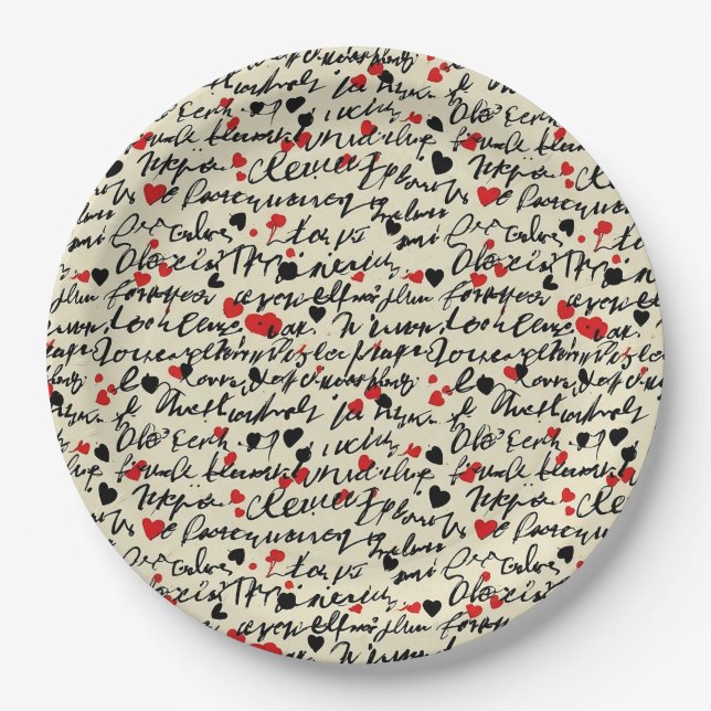 Modern Heart Pattern with Script Background (6) Paper Plates (Front)