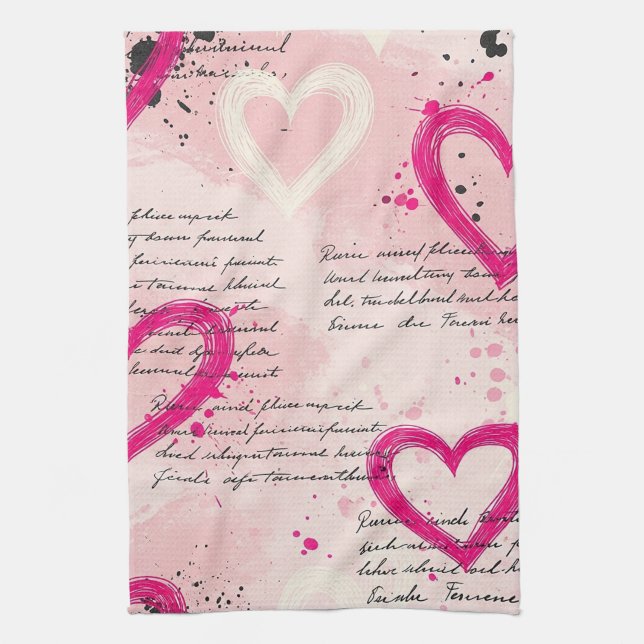 Modern Heart Pattern with Script Background (9) Kitchen Towel (Vertical)