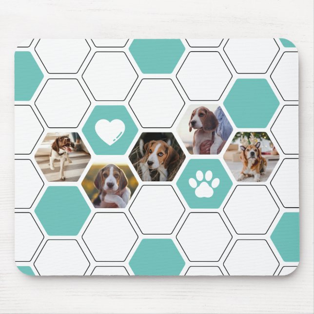 Modern Heart Paw Dog Photo Geometric Teal Unique Mouse Pad (Front)