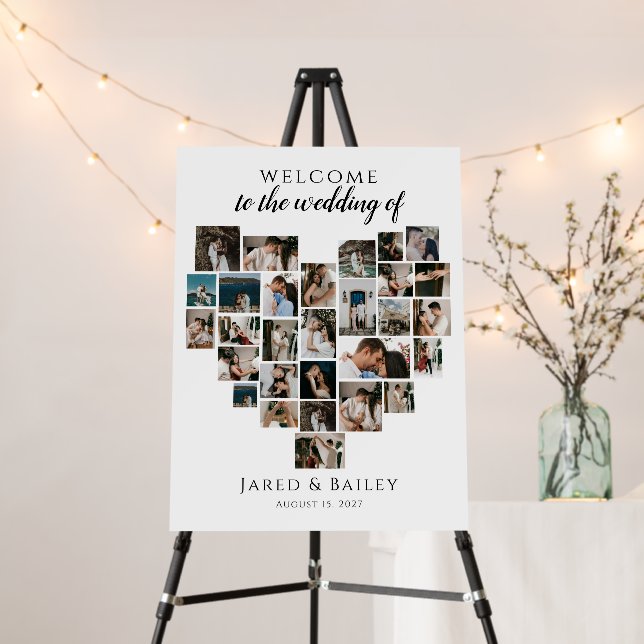 Modern Heart Photo Collage Wedding Welcome Foam Board (In Situ (Stand))