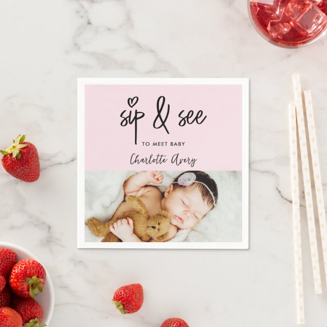 Modern heart Pink Sip & See Custom Baby Girl Photo Napkins (Insitu)