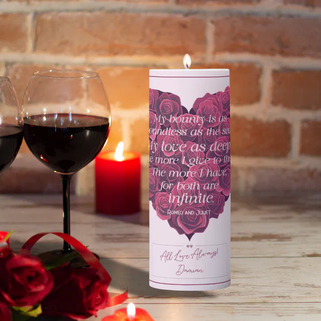 Heart and Roses Pillar Candle – Romantic Shakespeare Love Quote