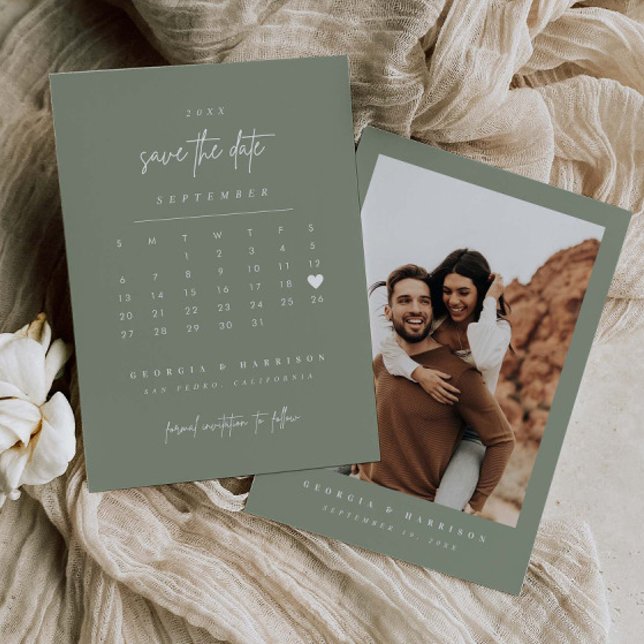 Modern Heart Save The Date Calendar Photo Card (Creator Uploaded)