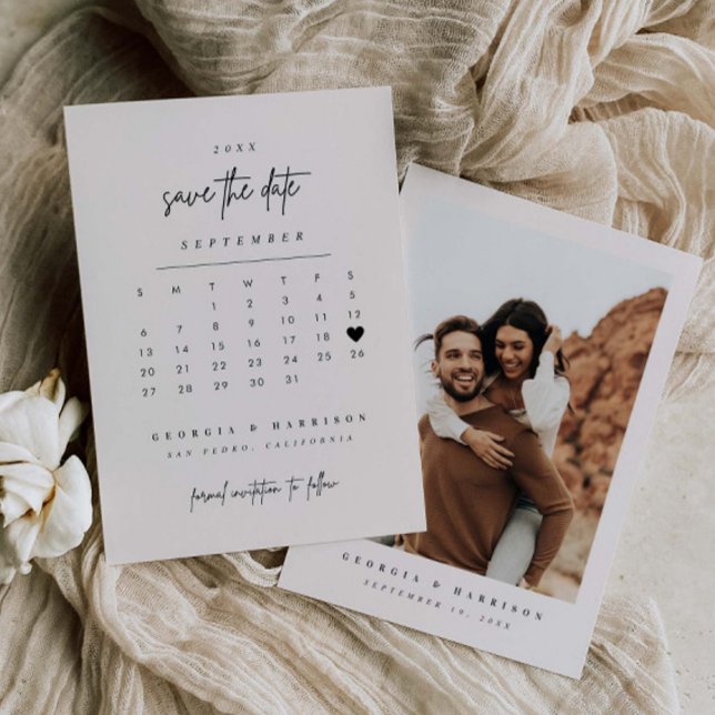 Modern Heart Save The Date Calendar Photo Card (Creator Uploaded)