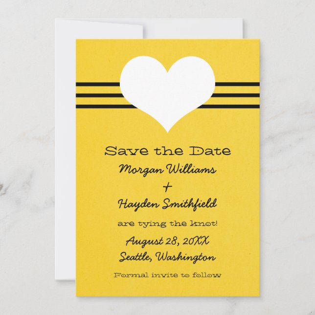 Modern Heart Save the Date Invite, Yellow (Front)