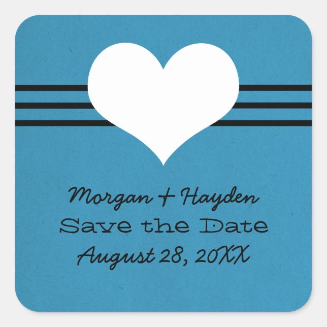Modern Heart Save the Date Stickers, Blue Square Sticker (Front)