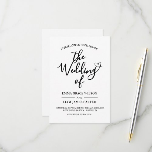Modern Heart Script Black and White Wedding RSVP Card