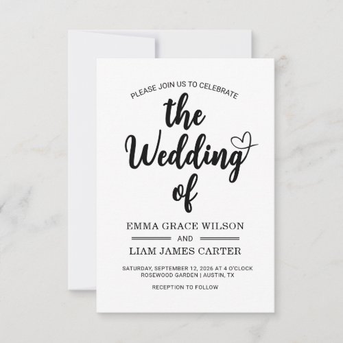 Modern Heart Script Black and White Wedding RSVP Card