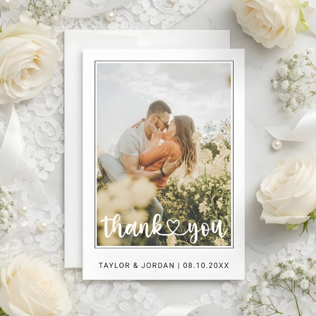 Modern Heart Script Custom Minimal Photo Wedding  Thank You Card (Creator Uploaded)