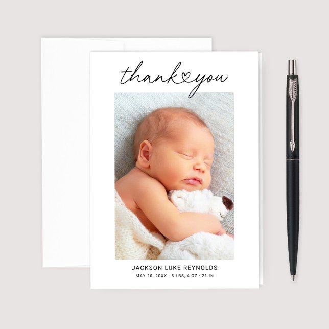 Modern Heart Script Custom Newborn Baby Photo Than Thank You Card (Creator Uploaded)