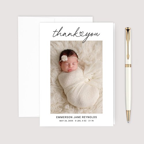 Modern Heart Script Custom Newborn Baby Photo Thank You Card
