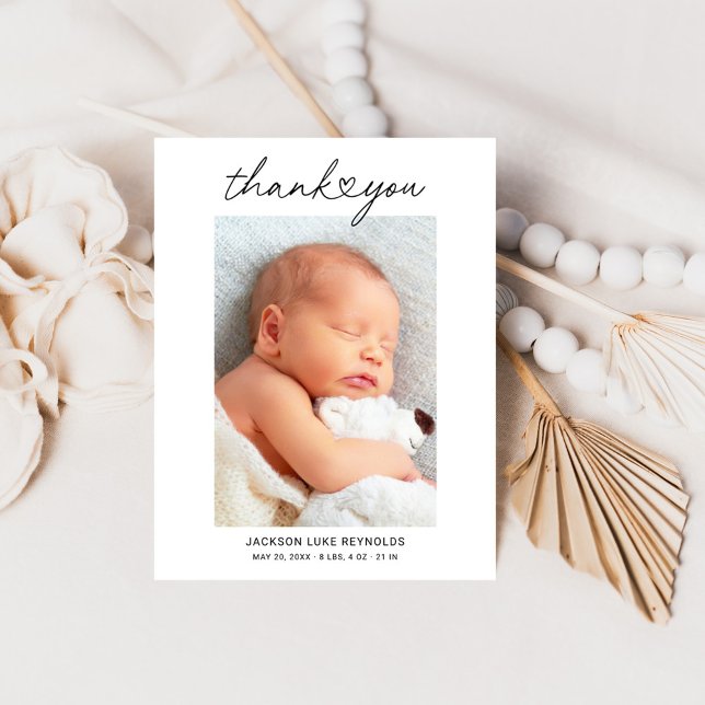 Modern Heart Script Custom Newborn Baby Photo Thank You Card (Creator Uploaded)