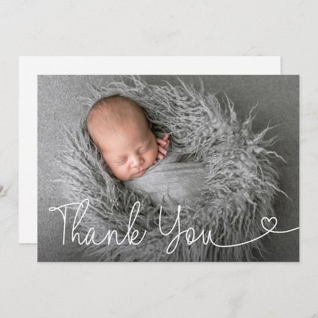 Modern heart script Customizable Boy Baptism Photo Thank You Card (Front/Back)