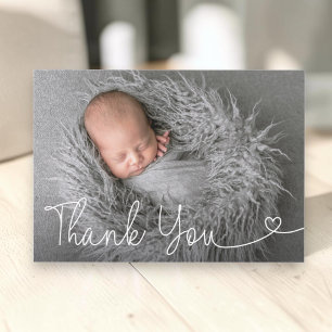 Modern heart script Customizable Boy Baptism Photo Thank You Card