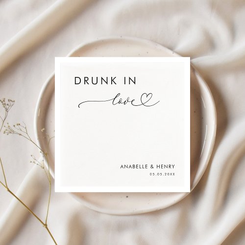 Modern Heart Script Drunk in Love Elegant Wedding Napkins