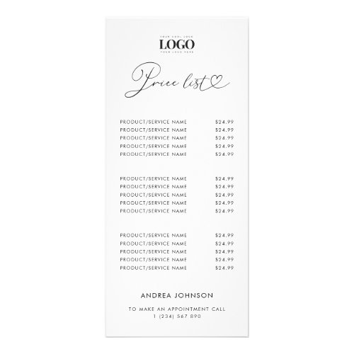 Modern Heart Script  Logo Minimalist Price List Rack Card