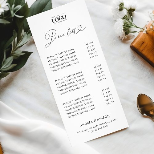 Modern Heart Script  Logo Minimalist Price List Rack Card