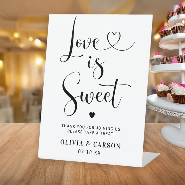 Modern Heart Script Love Is Sweet Wedding Pedestal Sign (Creator Uploaded)
