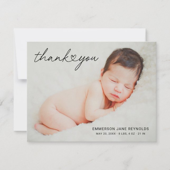 Modern Heart Script Newborn Baby Girl Thank You Card (Front)