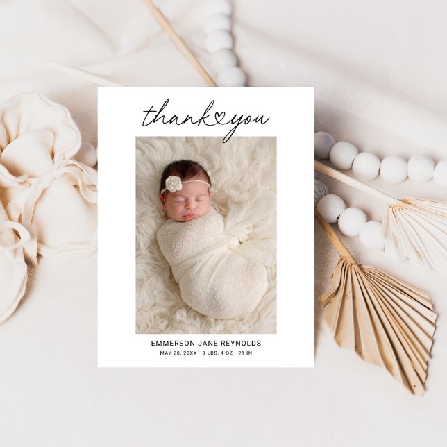 Modern Heart Script Newborn Girl Photo Thank You Card (Creator Uploaded)
