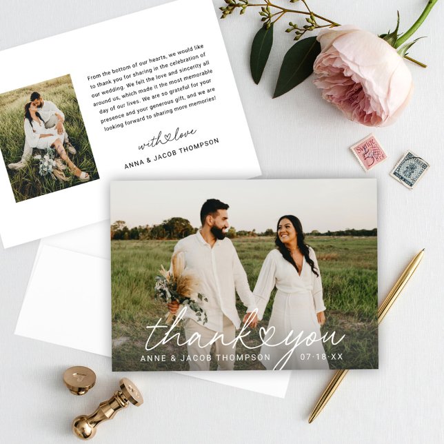 Modern Heart Script Personalized Wedding Photo Thank You Card (Creator Uploaded)