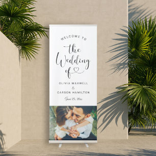 Modern Heart Script Photo Wedding Welcome Retractable Banner