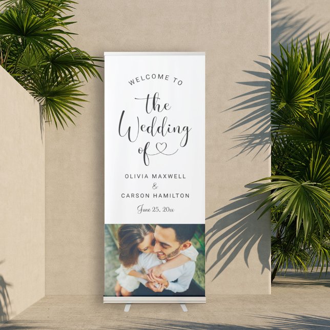 Modern Heart Script Photo Wedding Welcome Retractable Banner (Creator Uploaded)