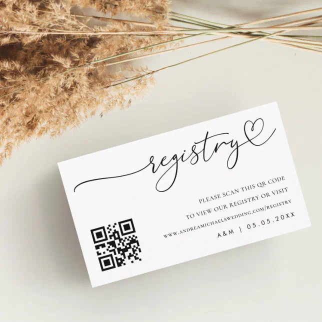 Modern Heart Script Qr Code Wedding Gift Registry Enclosure Card 