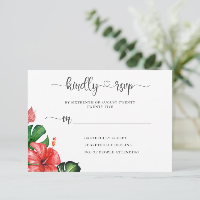 Modern Heart Script Tropical Themed Response Card (Standing Front)