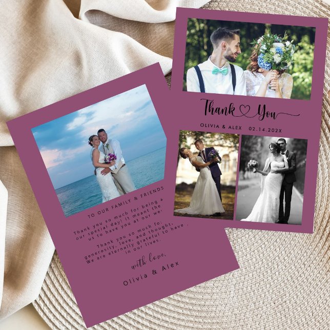Modern Heart Script Wedding 4 Photo Collage  Thank You Card (Creator Uploaded)