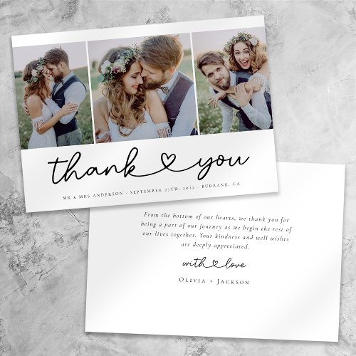 Modern Heart Script Wedding Photo Collage  Thank You Card