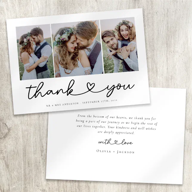 Modern Heart Script Wedding Photo Collage Thank You Card | Zazzle